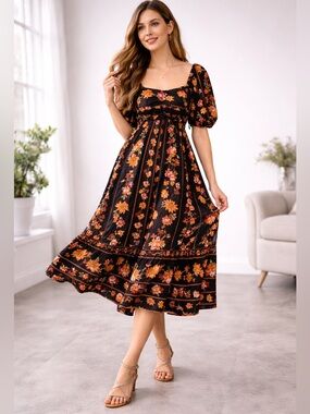 Japna NWT Black Floral Puff Sleeve Midi Dress Size Small Cottagecore Romantic